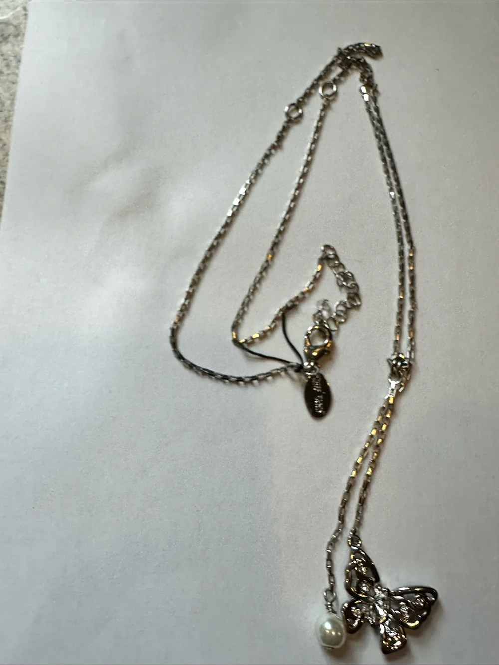 White House Black Market Silver Butterfly Pendant Necklace with Pearl Accent